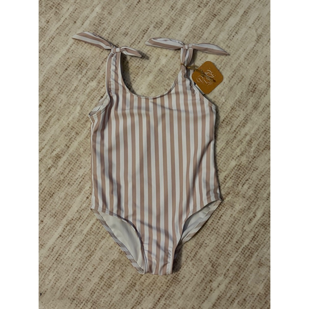 Daisy Lane Girls Mauve White Striped Tie Shoulder One Piece Swimsuit Size 3T NWT